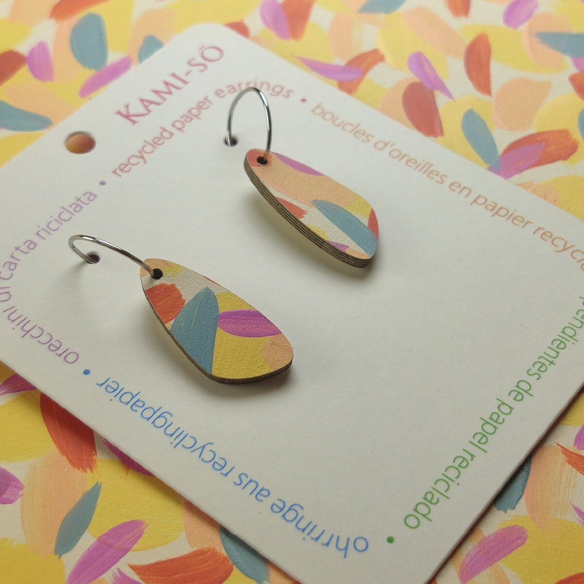 Oval Recycled Paper Earrings - Yellow, Pink, Blue & Red