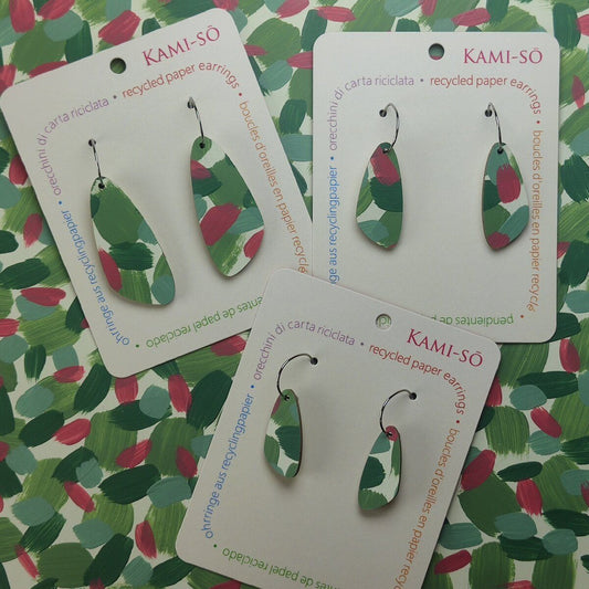 Oval Recycled Paper Earrings - Green & Rose