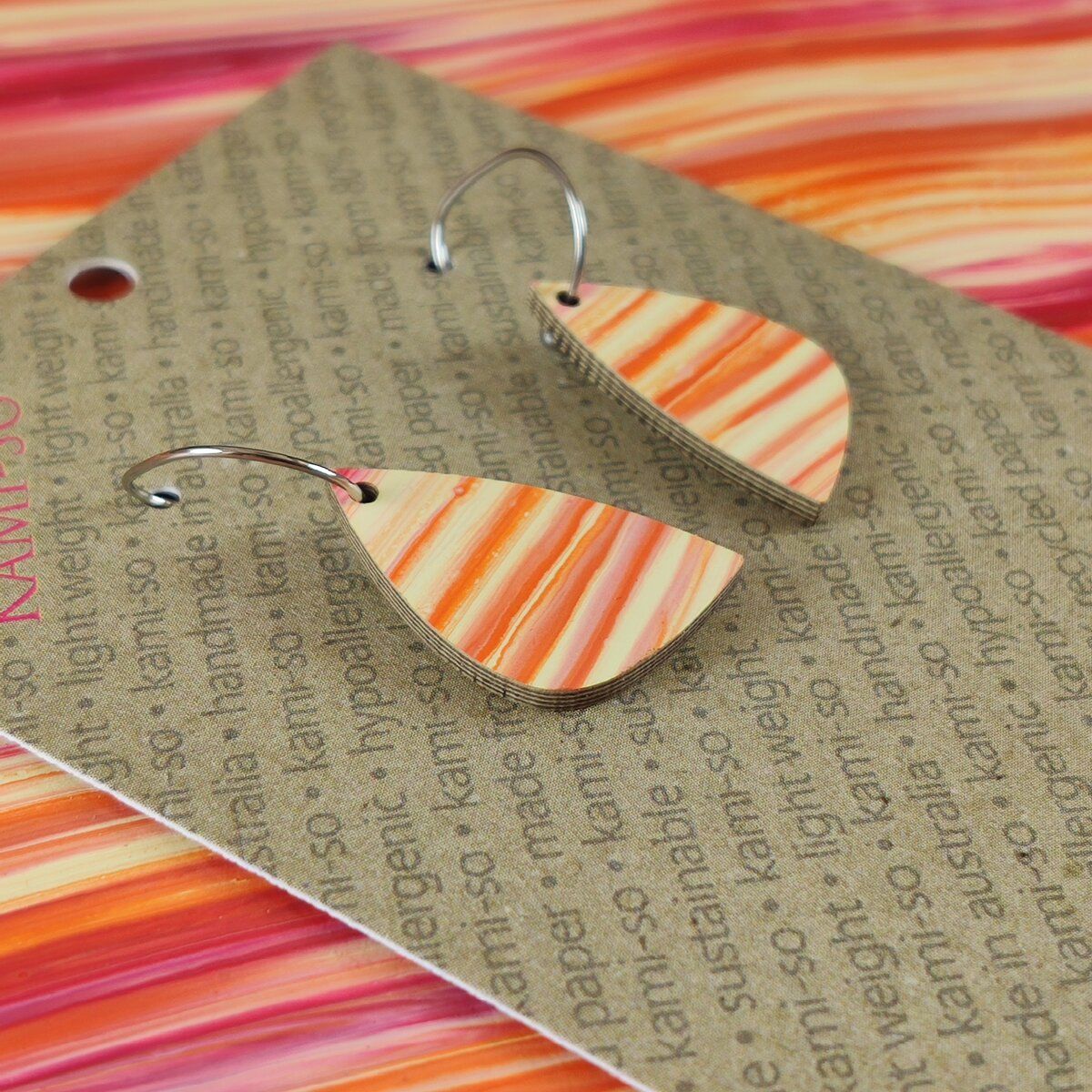 Mini Recycled Paper Earrings - Orange & Magenta Stripe