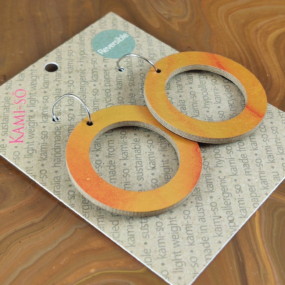 Reversible Circle Recycled Paper Earrings - Brown / Gold & Red