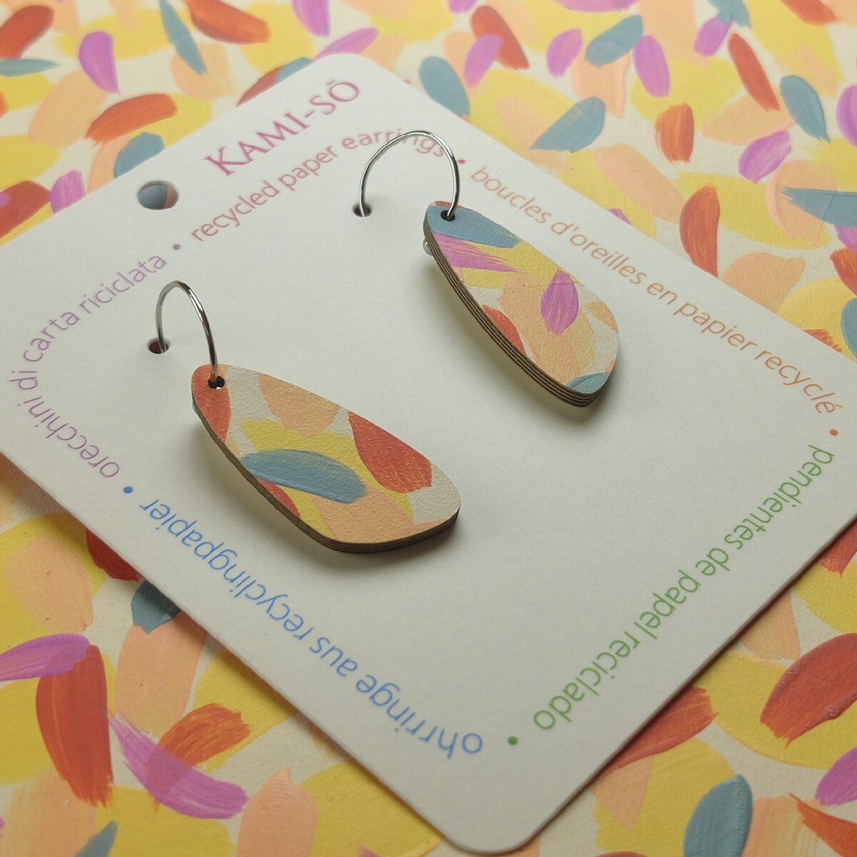 Oval Recycled Paper Earrings - Yellow, Pink, Blue & Red