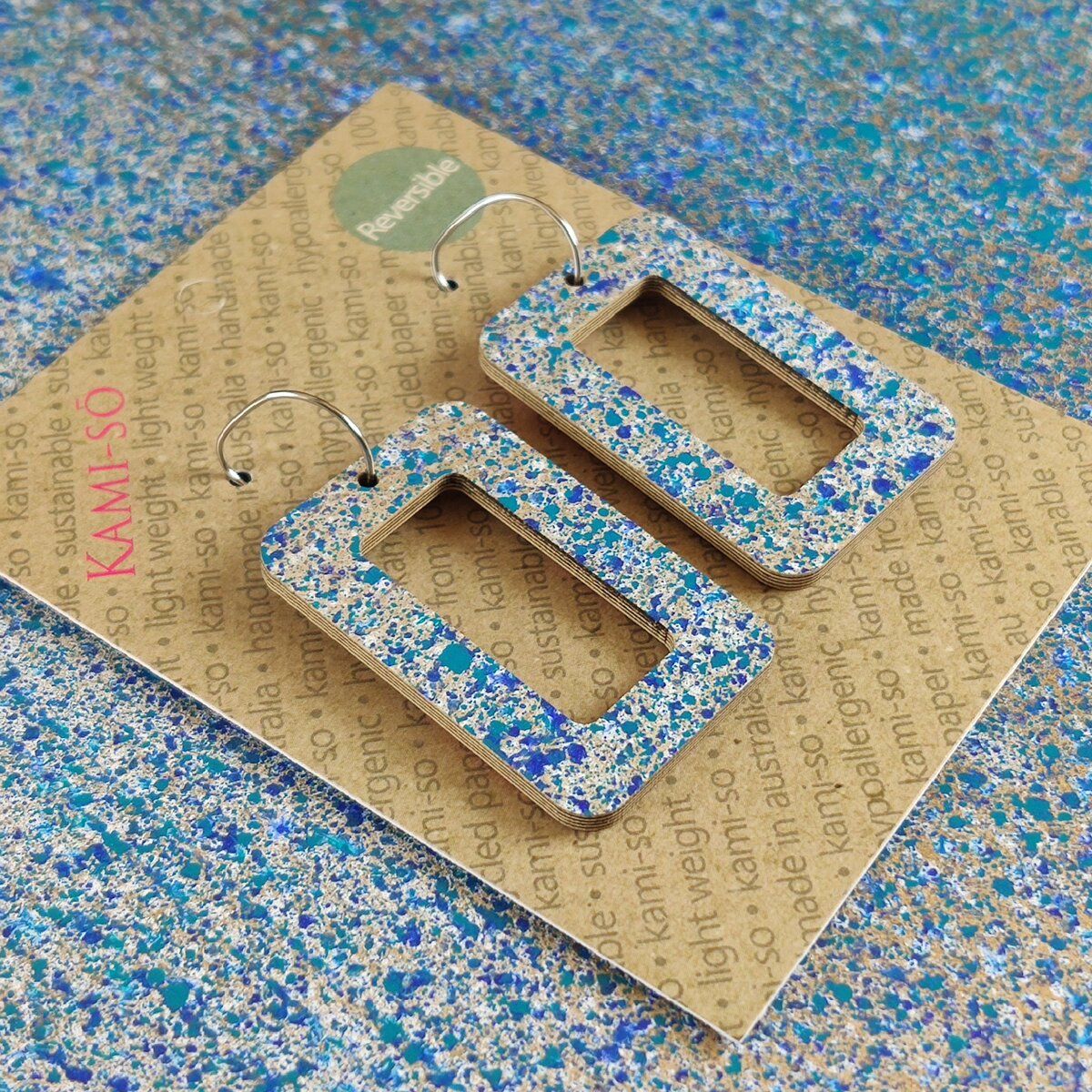 Reversible Rectangle Recycled Paper Earrings - Blue Silver Speckle / Pink & Earthy Multicolour