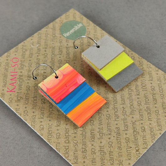 Reverse-A-Tile Fan Rectangle Recycled Paper Earrings - Orange & Blue / Light Grey, Lime & Grey