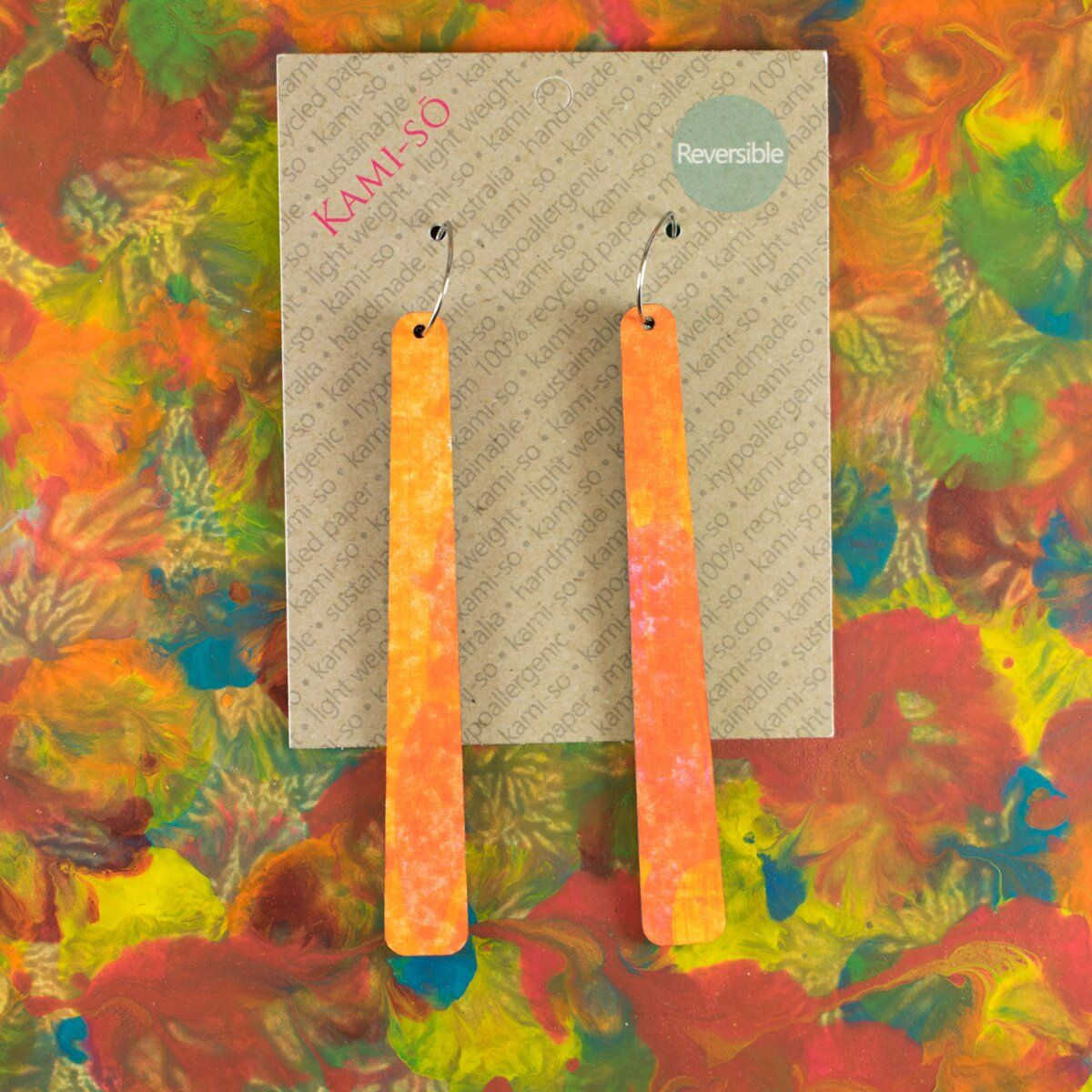 Reversible Paddle Recycled Paper Earrings - Orange / Dark Multicolour
