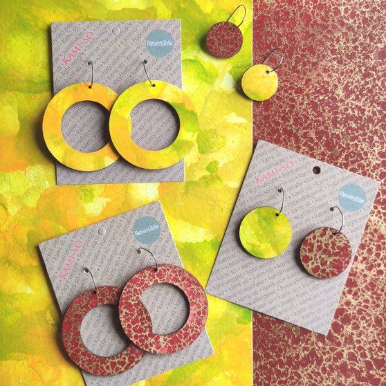 Reversible Circle Recycled Paper Earrings - Citrus / Burgundy & Gold