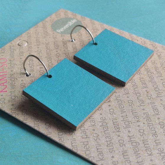 Reversible Square Recycled Paper Earrings - Dark Gold Multicolour / Blue