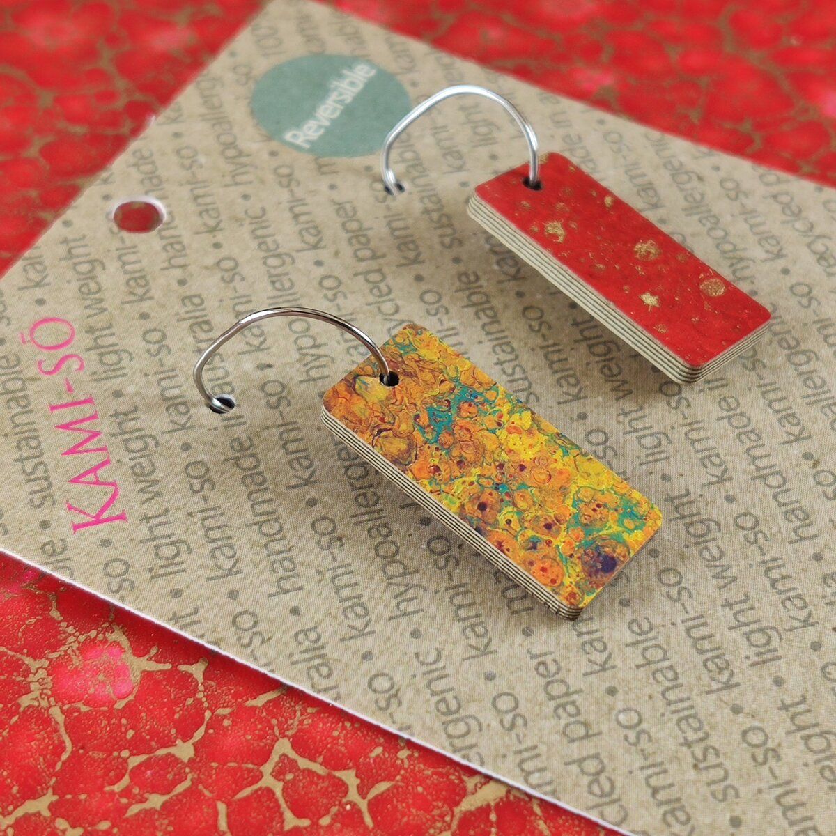 Reversible Rectangle Recycled Paper Earrings - Red & Gold / Brown Multicolour Speckle