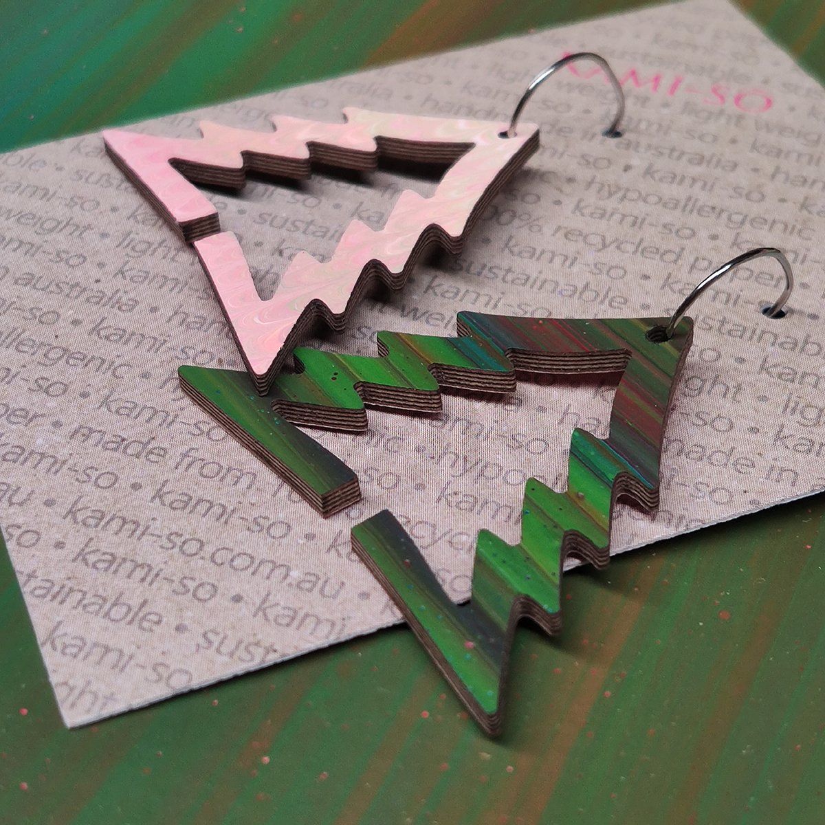 Reversible Christmas Tree Recycled Paper Earrings - Green Stripes / Pink Pattern