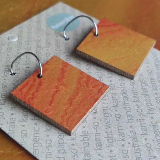 Reversible Square Recycled Paper Earrings - Gold & Red / Dark Brown