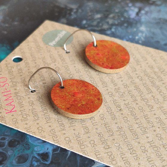 Reversible Circle Recycled Paper Earrings - Orange & Gold / Navy