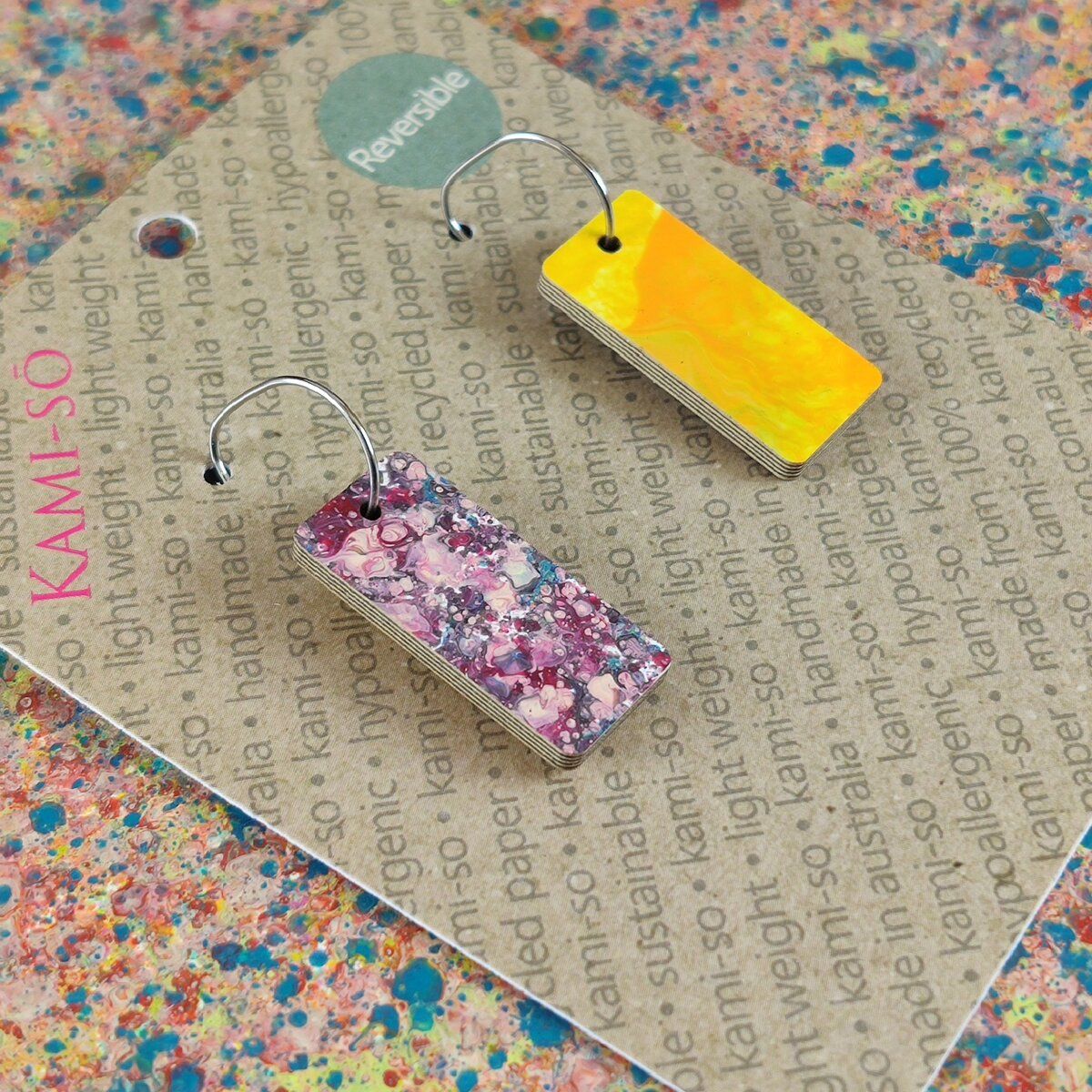 Reversible Rectangle Recycled Paper Earrings - Citrus / Grape Speckle