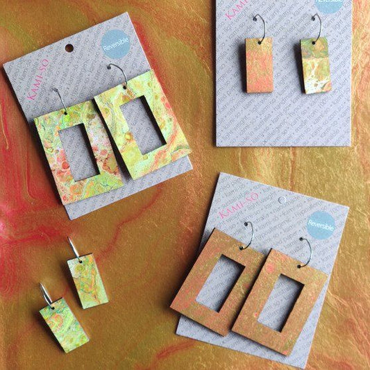 Reversible Rectangle Recycled Paper Earrings - Green Multicolour / Red Gold