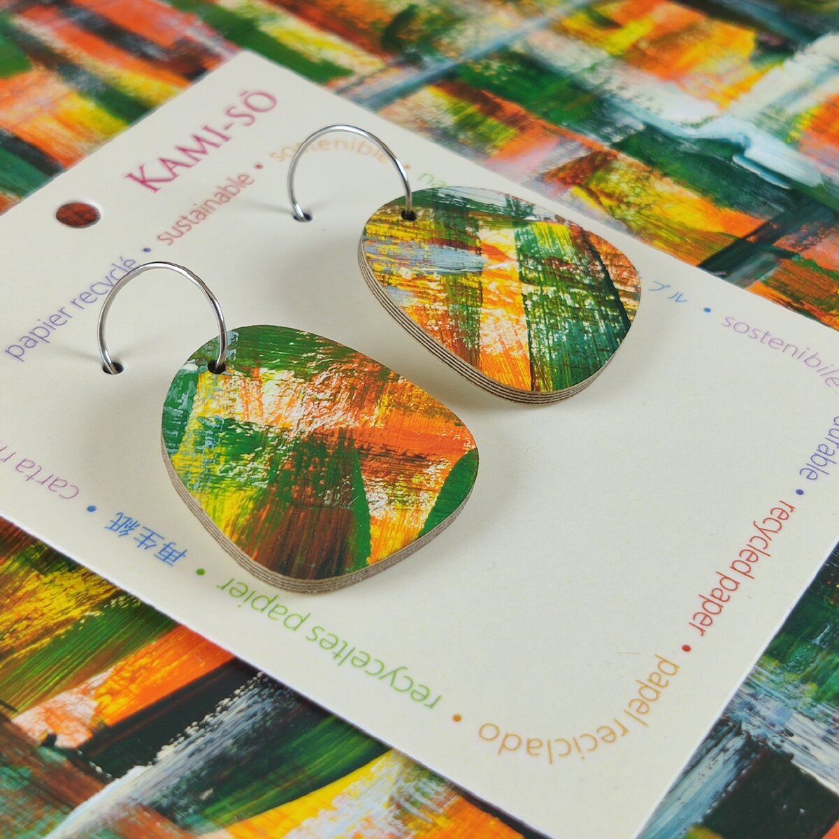Square Recycled Paper Earrings - Orange, Yellow, Green & White Brushstrokes