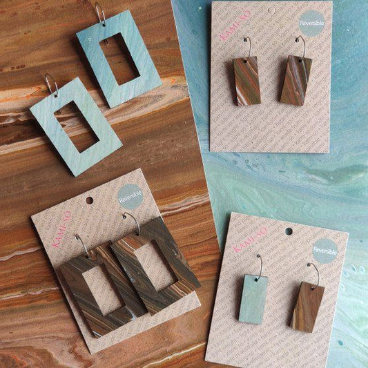 Reversible Rectangle Recycled Paper Earrings - Brown / Grey