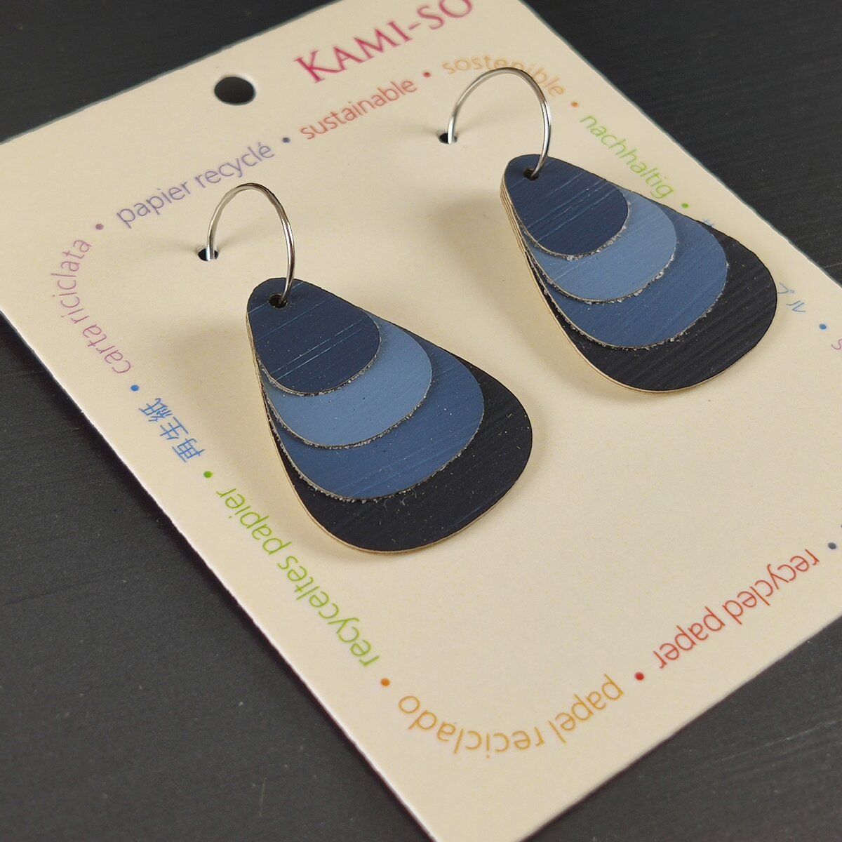 Teardrop Layered Recycled Paper Earrings - Navy