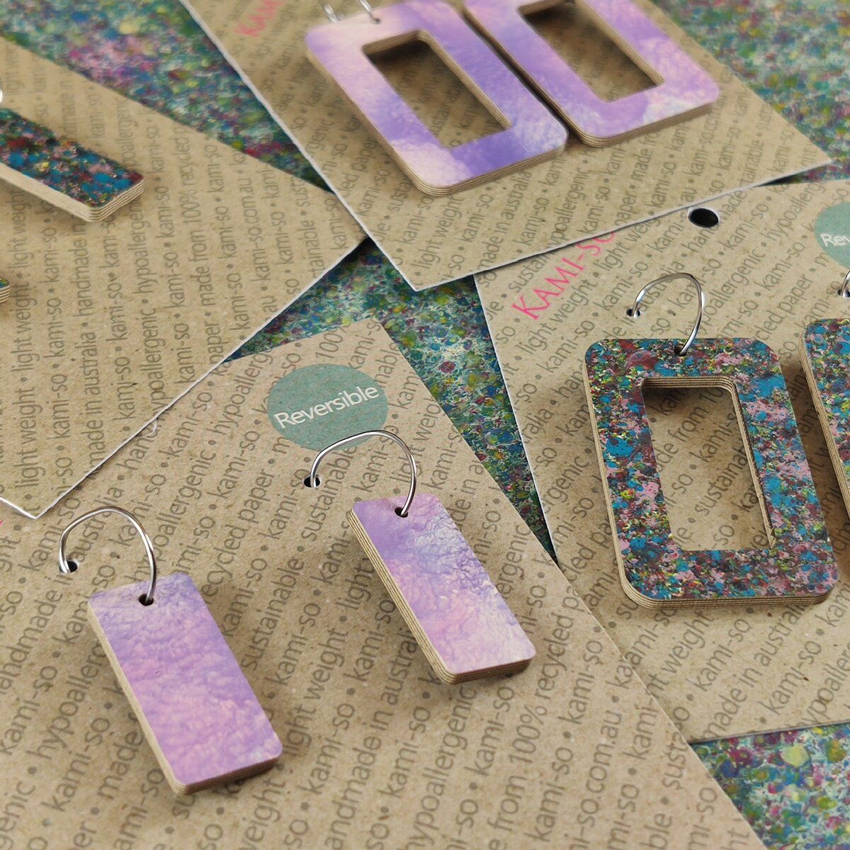 Reversible Rectangle Recycled Paper Earrings - Dark Speckle / Lilac