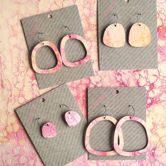 Square Recycled Paper Earrings - Apricot & Pink