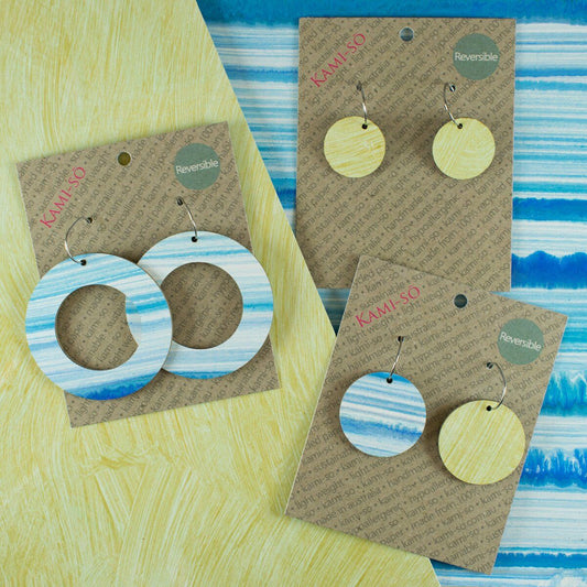 Reversible Circle Recycled Paper Earrings - Blue & White / Mint & Gold