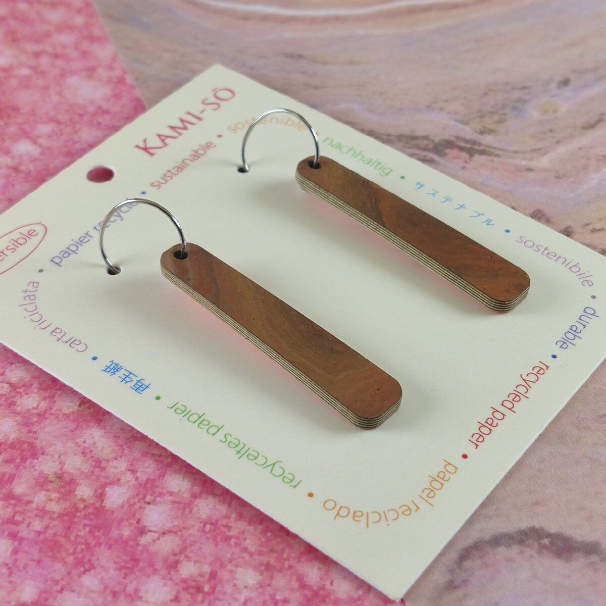 Reversible Paddle Recycled Paper Earrings - Dark Brown / Pink Speckle