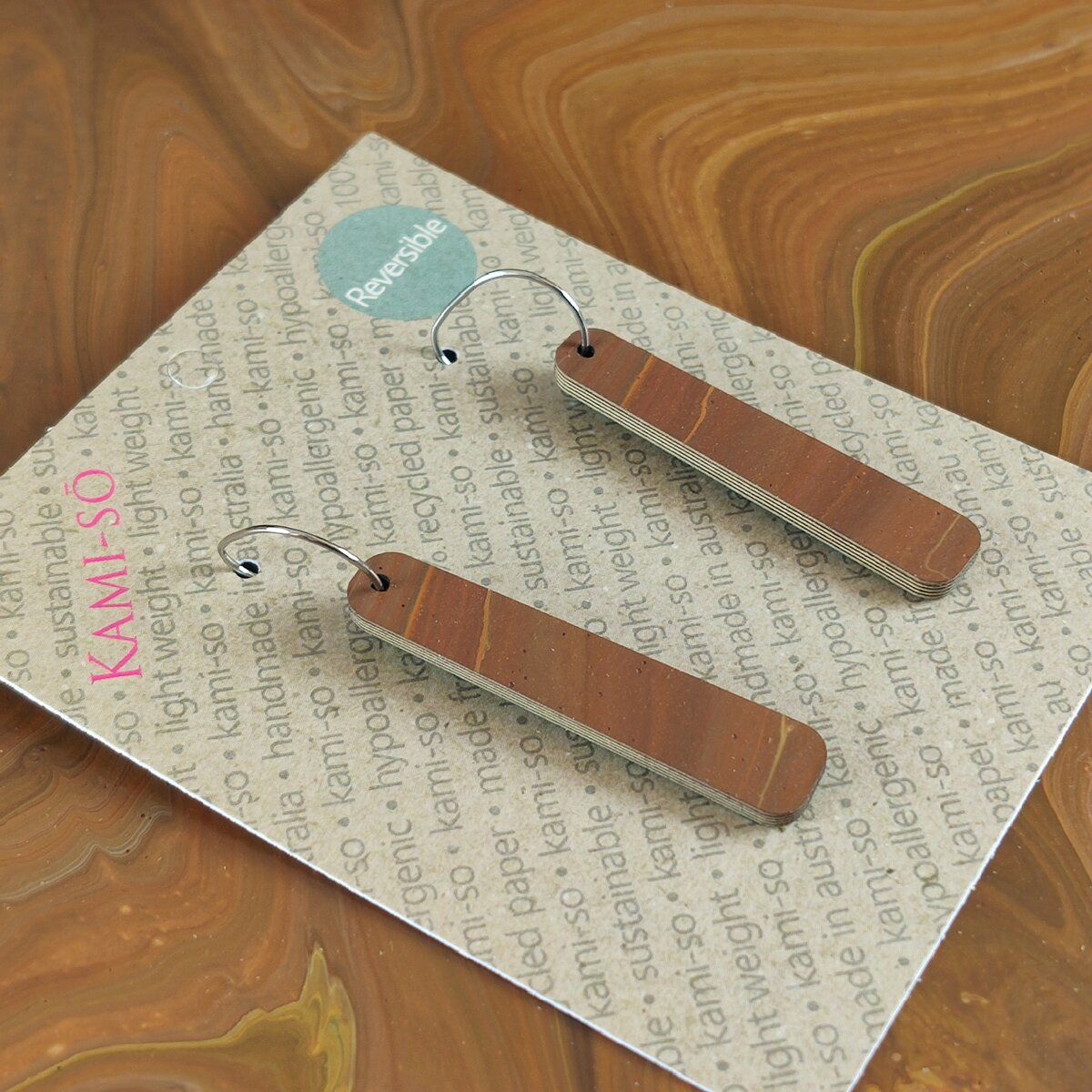 Reversible Paddle Recycled Paper Earrings - Turquoise & Gold / Brown