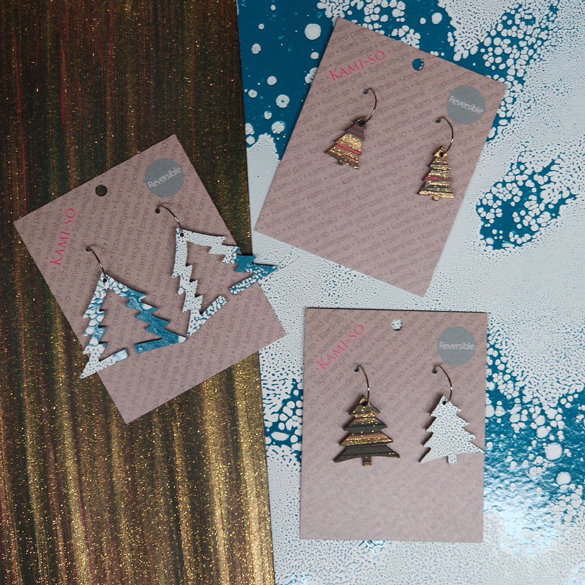 Reversible Christmas Tree Recycled Paper Earrings - Black & Gold / Blue & White Crackle