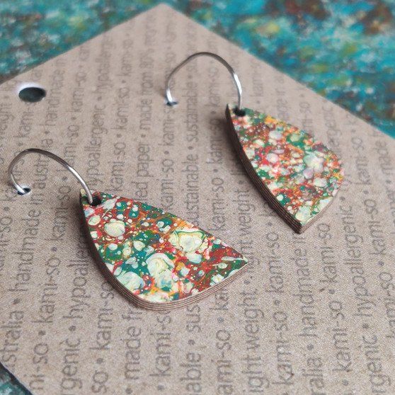 Mini Recycled Paper Earrings - Dark Green & Orange Speckle