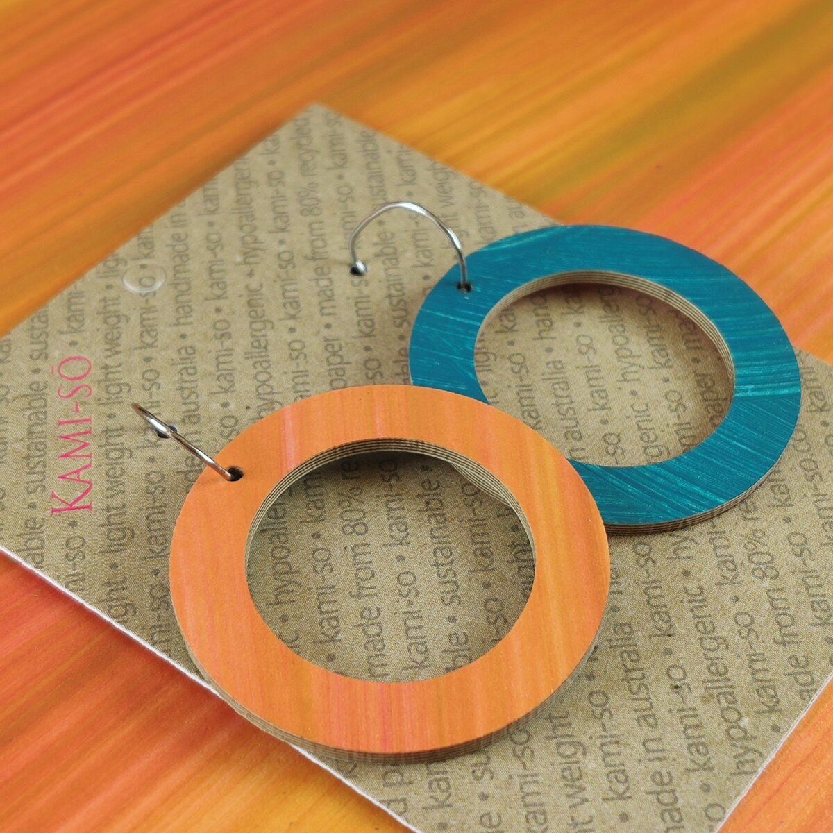 Reversible Circle Recycled Paper Earrings - Blue Green Swipe / Orange Stripes