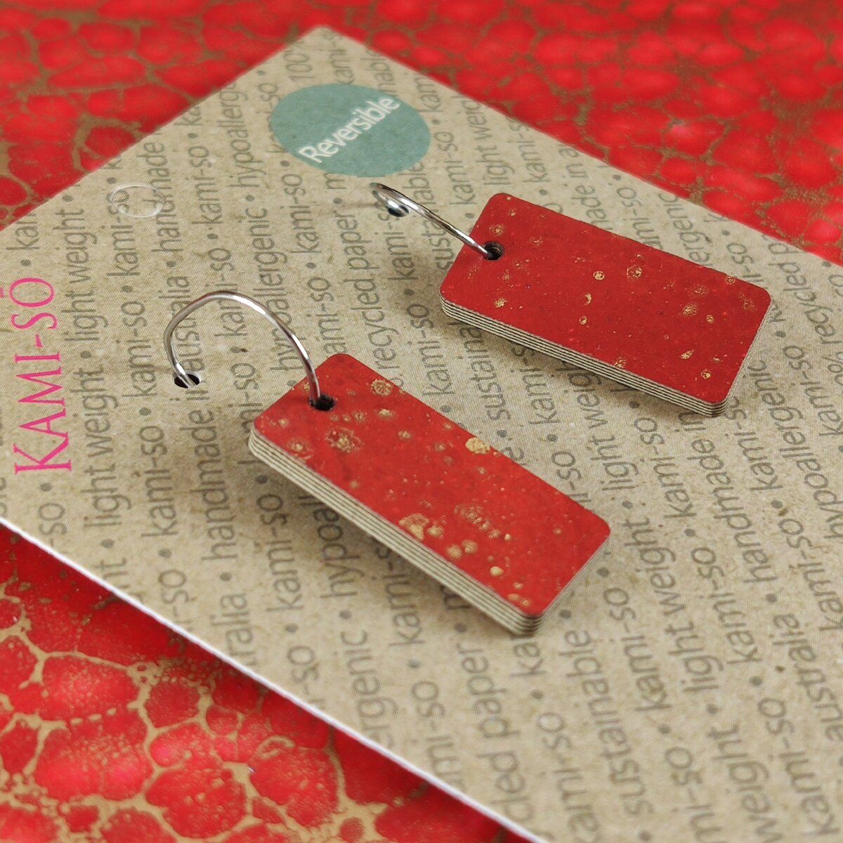 Reversible Rectangle Recycled Paper Earrings - Red & Gold / Brown Multicolour Speckle