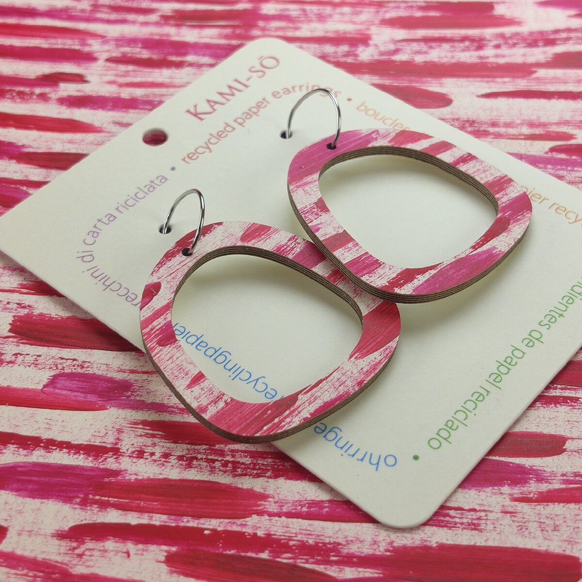 Square Recycled Paper Earrings - Red Stripes