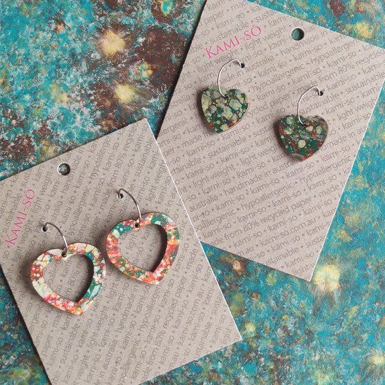 Mini Recycled Paper Earrings - Dark Green & Orange Speckle