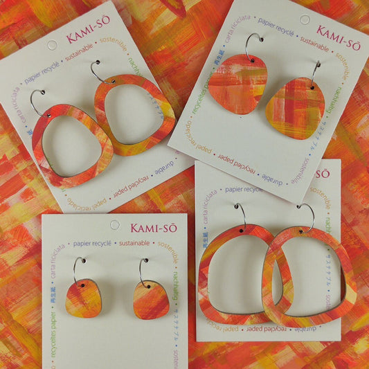 Square Recycled Paper Earrings - Orange, Red, Yellow & Gold Brushstrokes