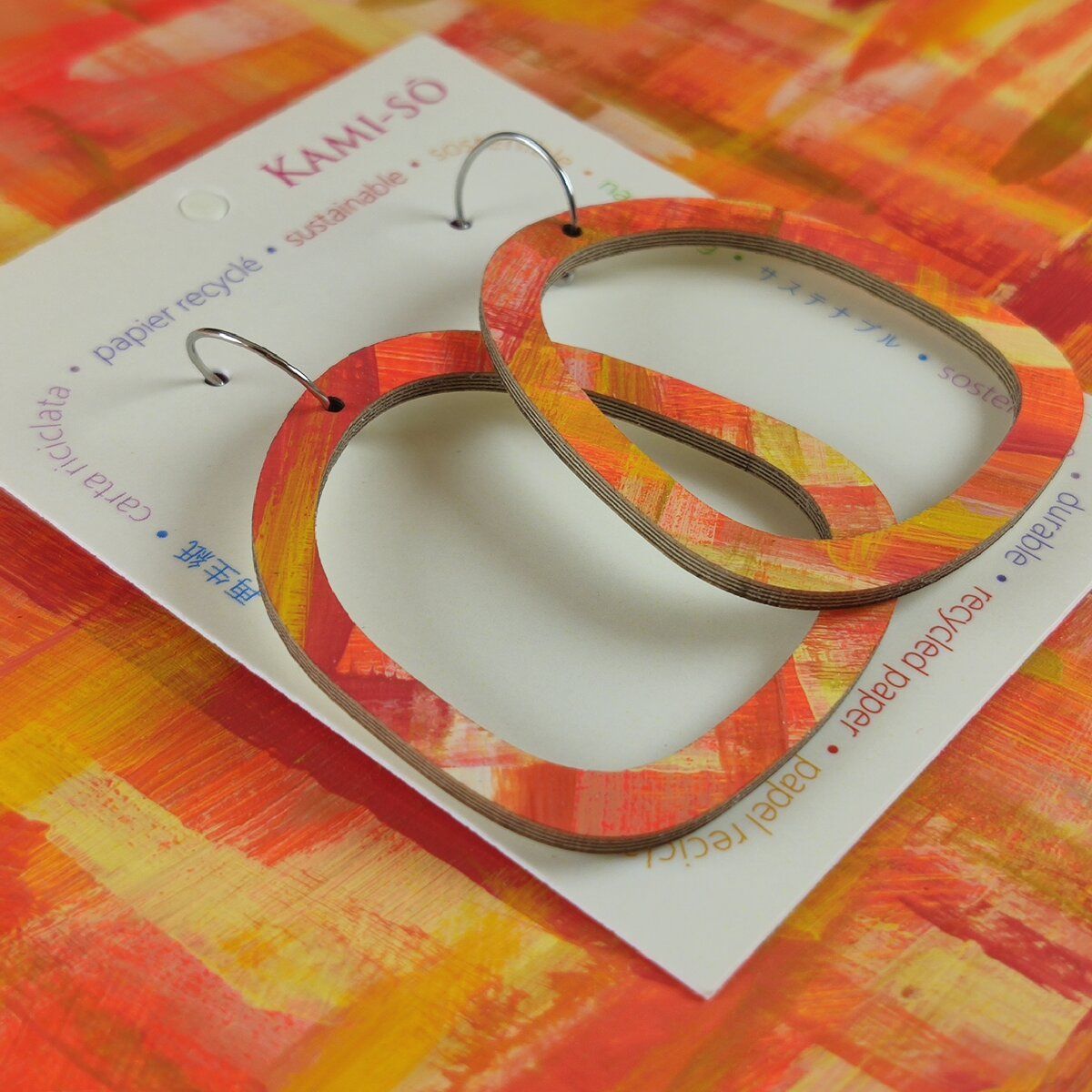 Square Recycled Paper Earrings - Orange, Red, Yellow & Gold Brushstrokes
