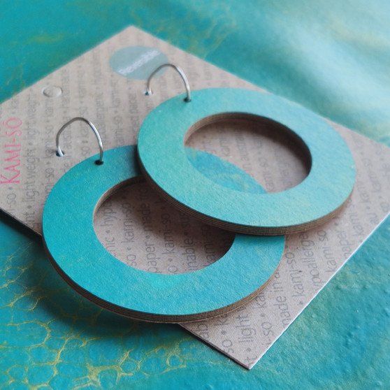 Reversible Circle Recycled Paper Earrings - Teal / Pink Multicolour