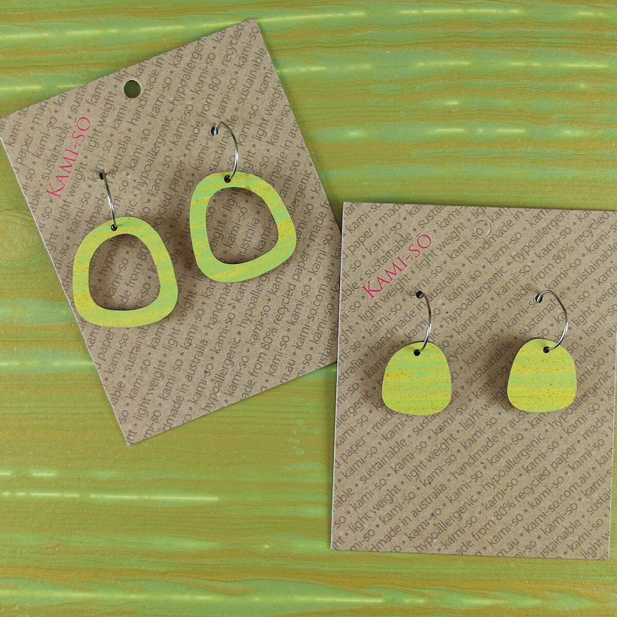 Mini Recycled Paper Earrings - Green & Gold Stripe