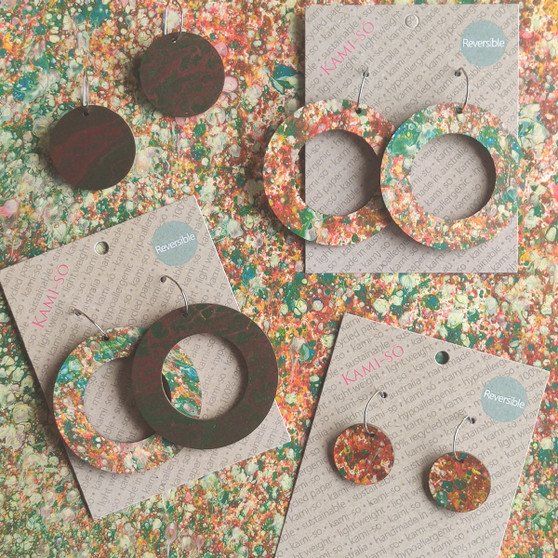 Reversible Circle Recycled Paper Earrings - Brown & Green / Speckle