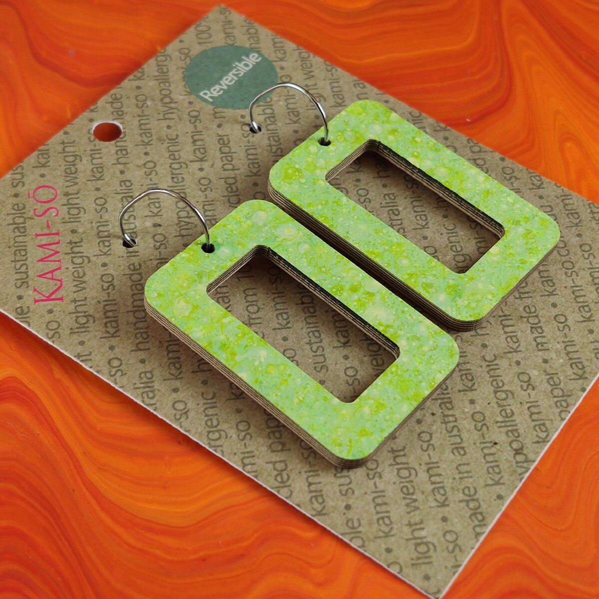 Reversible Rectangle Recycled Paper Earrings - Orange / Bright Green Speckle