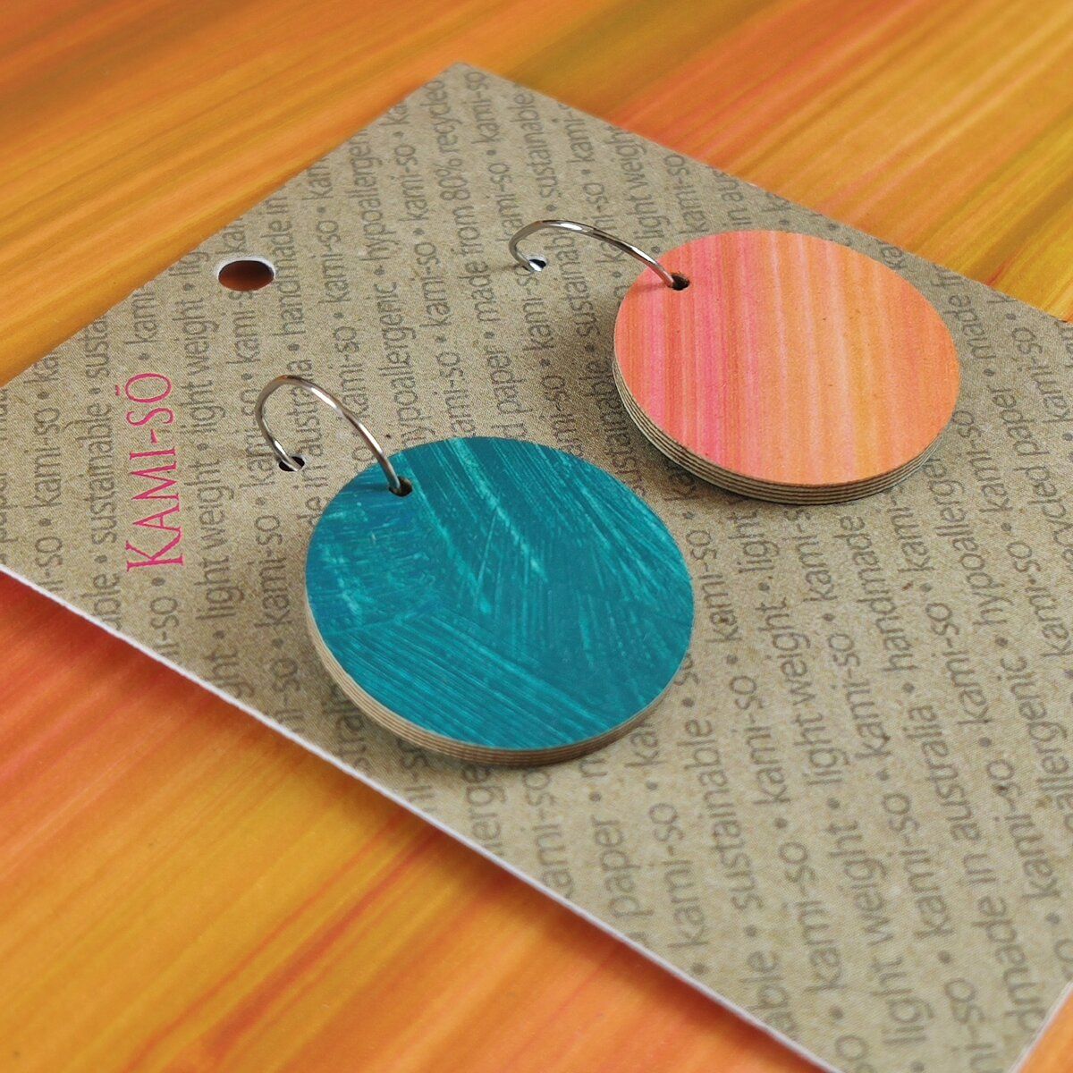 Reversible Circle Recycled Paper Earrings - Blue Green Swipe / Orange Stripes