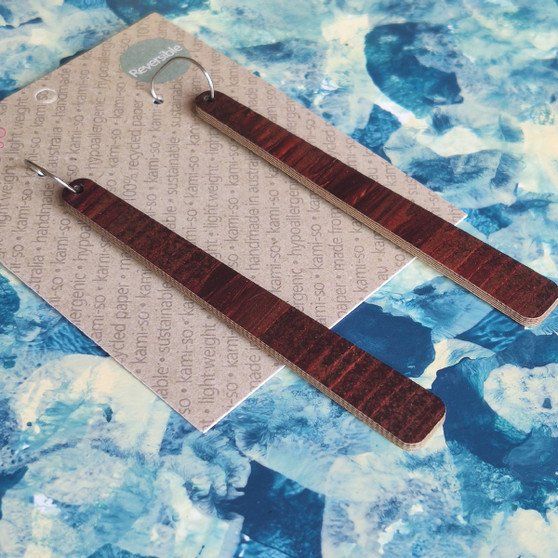 Reversible Paddle Recycled Paper Earrings - Blue & White / Brown