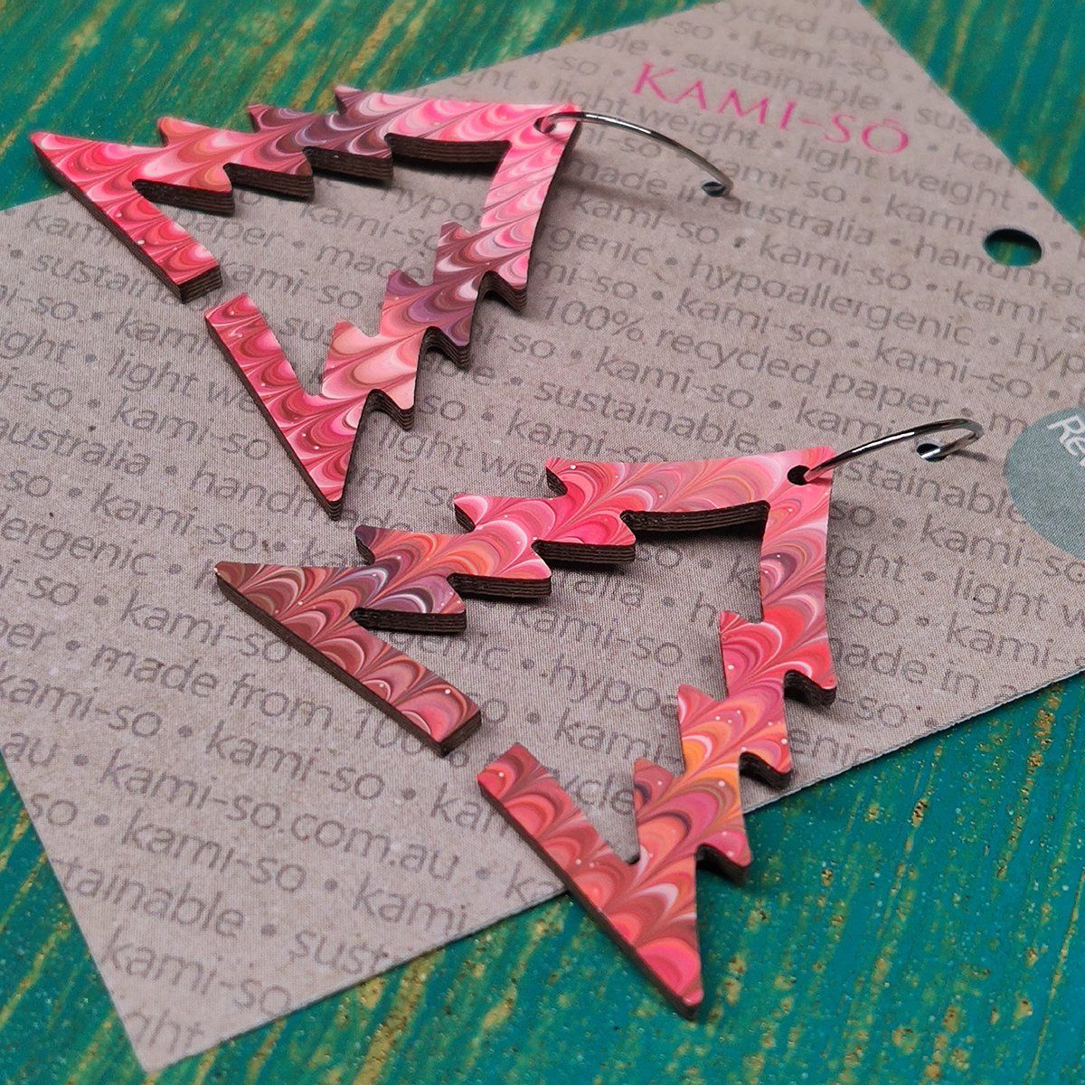 Reversible Christmas Tree Recycled Paper Earrings - Teal & Gold Stripes / Pink Pattern