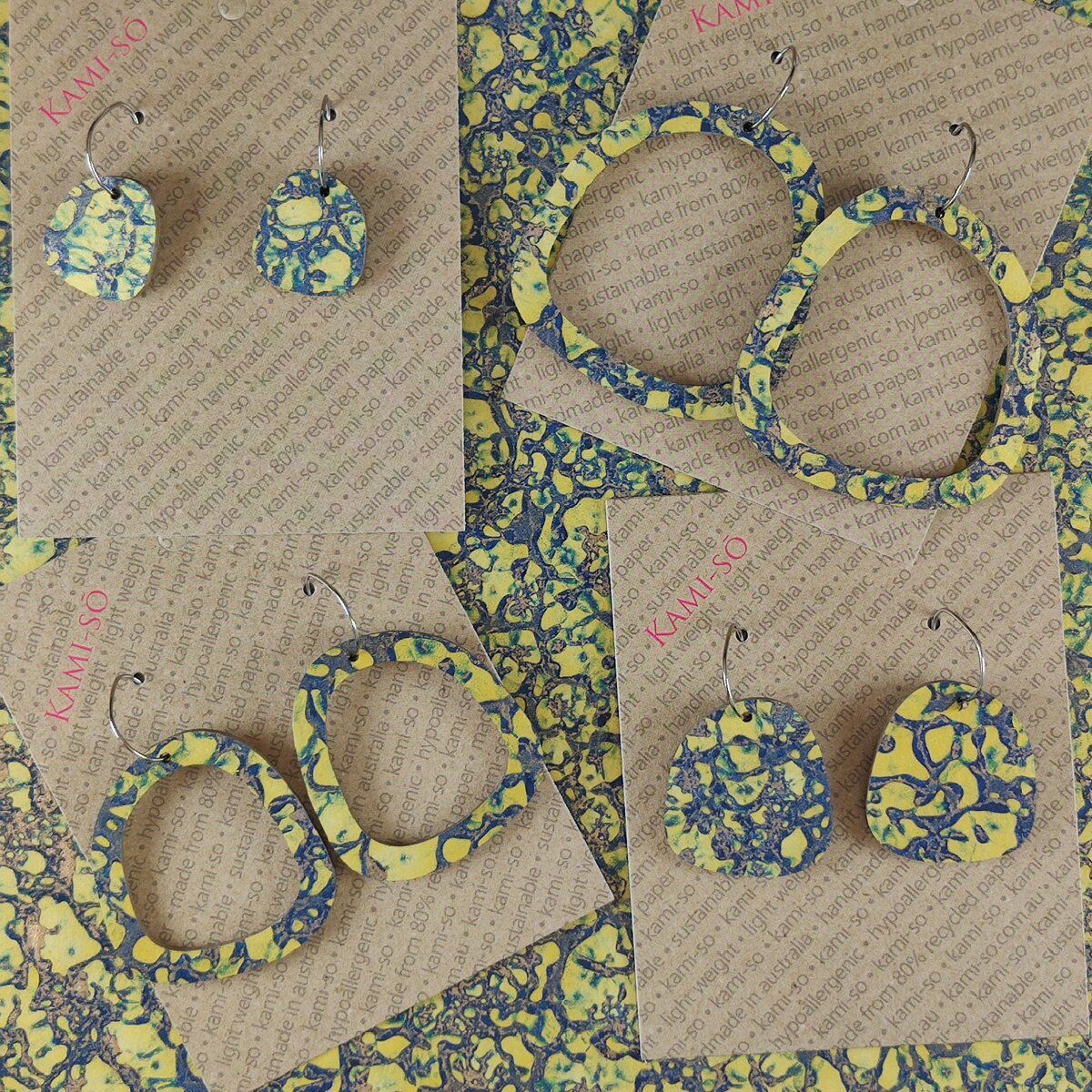 Square Recycled Paper Earrings - Gold & Blue Crackle