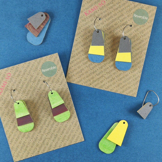 Reverse-A-Tile Fan Triangle Recycled Paper Earrings - Green & Brown / Grey, Yellow & Blue