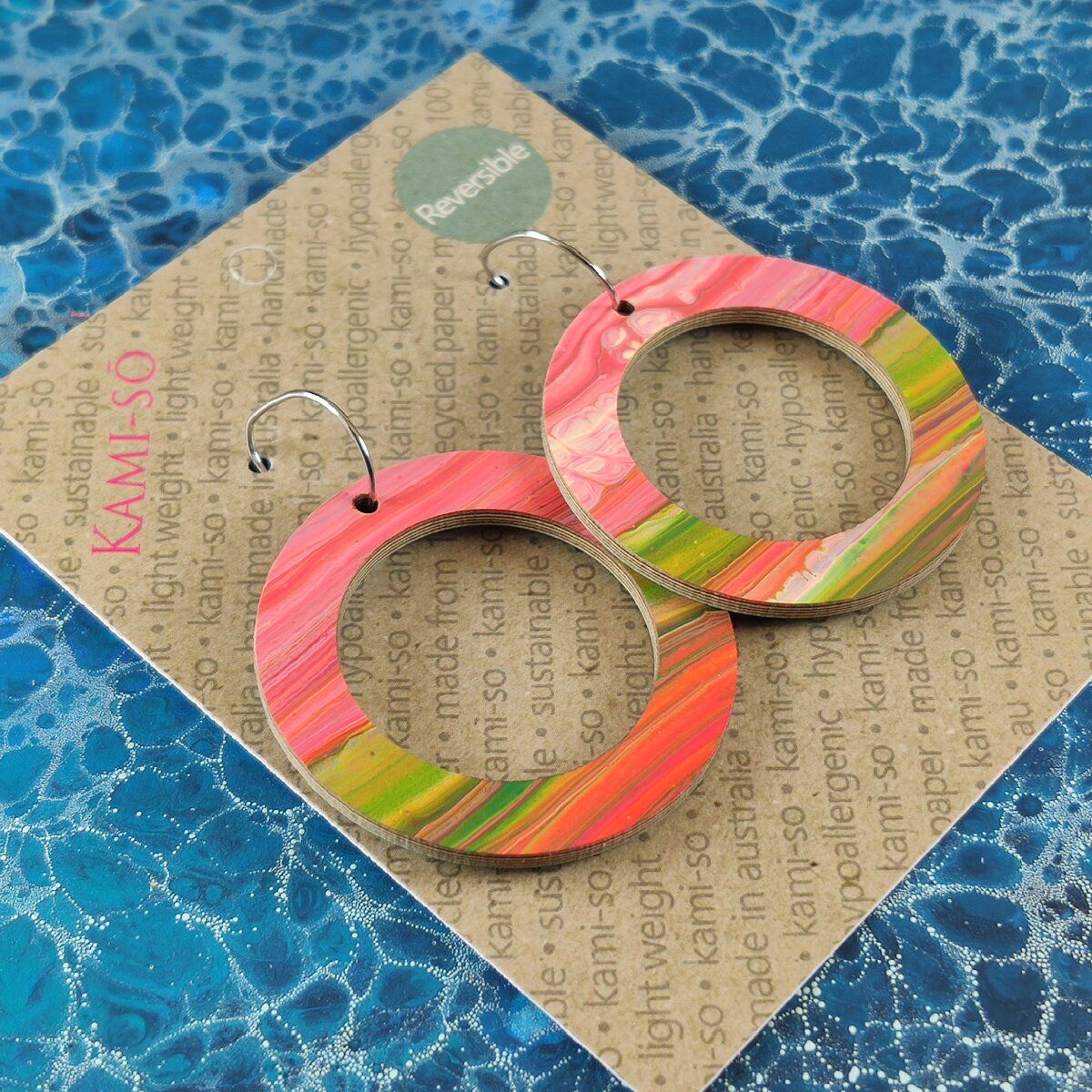 Reversible Circle Recycled Paper Earrings - Orange Multicolour Stripes / Blue Crackle