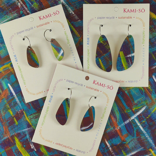 Oval Recycled Paper Earrings - Dark Blue, Red Yellow & Orange Brushstrokes
