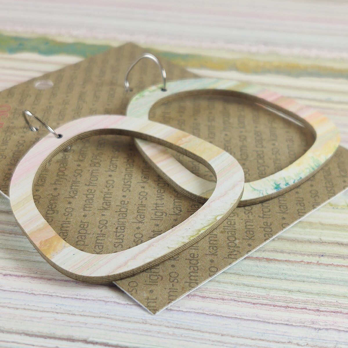 Square Recycled Paper Earrings - White & Coloured Stripes