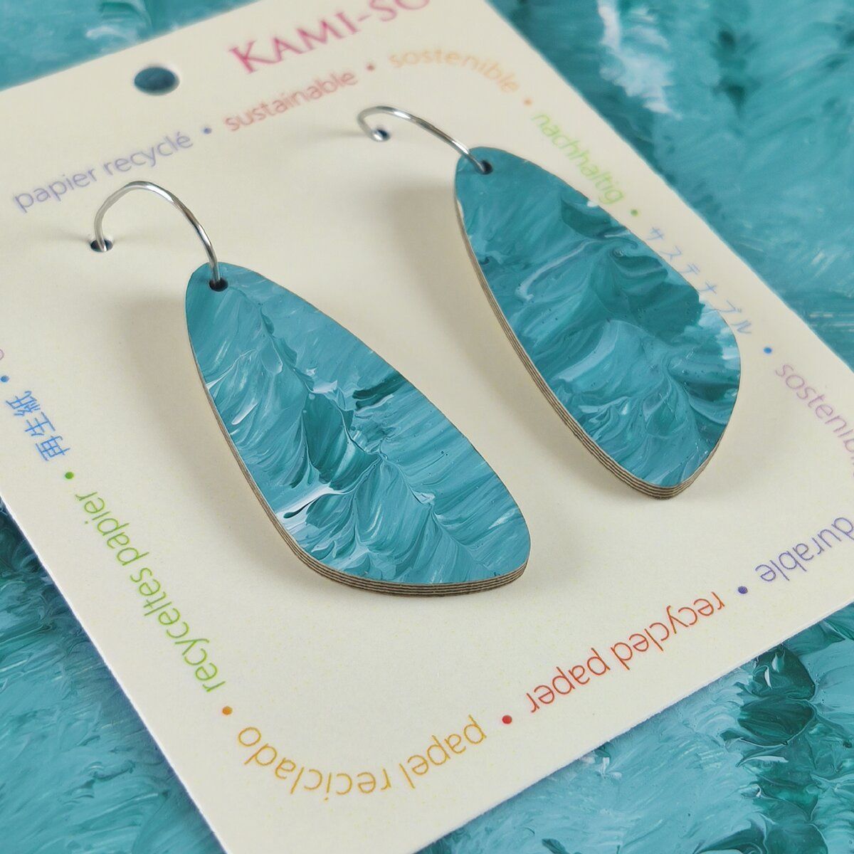 Oval Recycled Paper Earrings - Blue & Green Brushstrokes