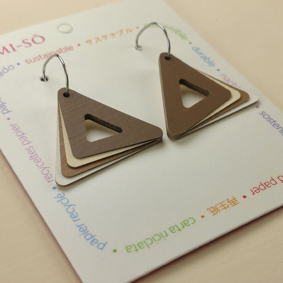 Triangle Layered Recycled Paper Earrings - Brown & Cream