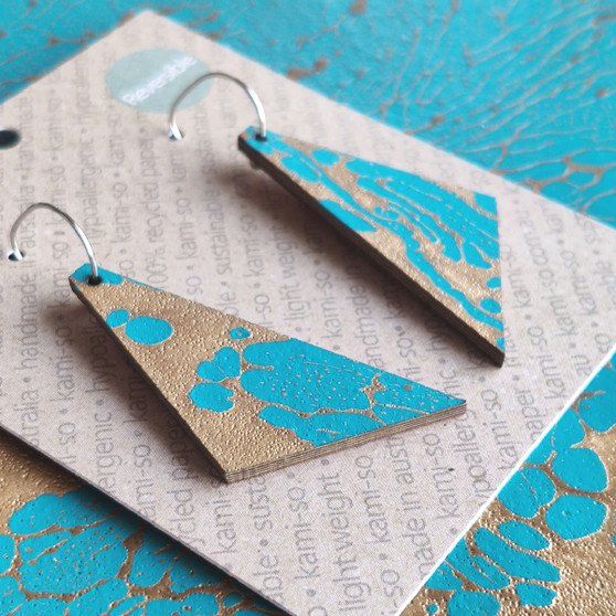 Reversible Triangle Recycled Paper Earrings - Turquoise & Gold / Dark Red