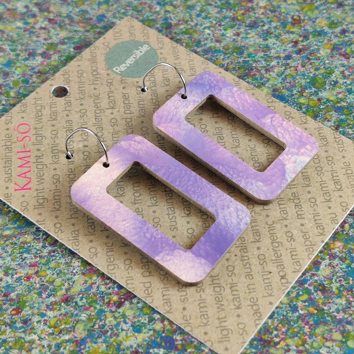 Reversible Rectangle Recycled Paper Earrings - Dark Speckle / Lilac