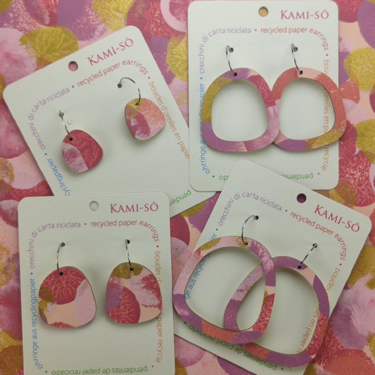 Square Recycled Paper Earrings - Pink, Violet & Gold
