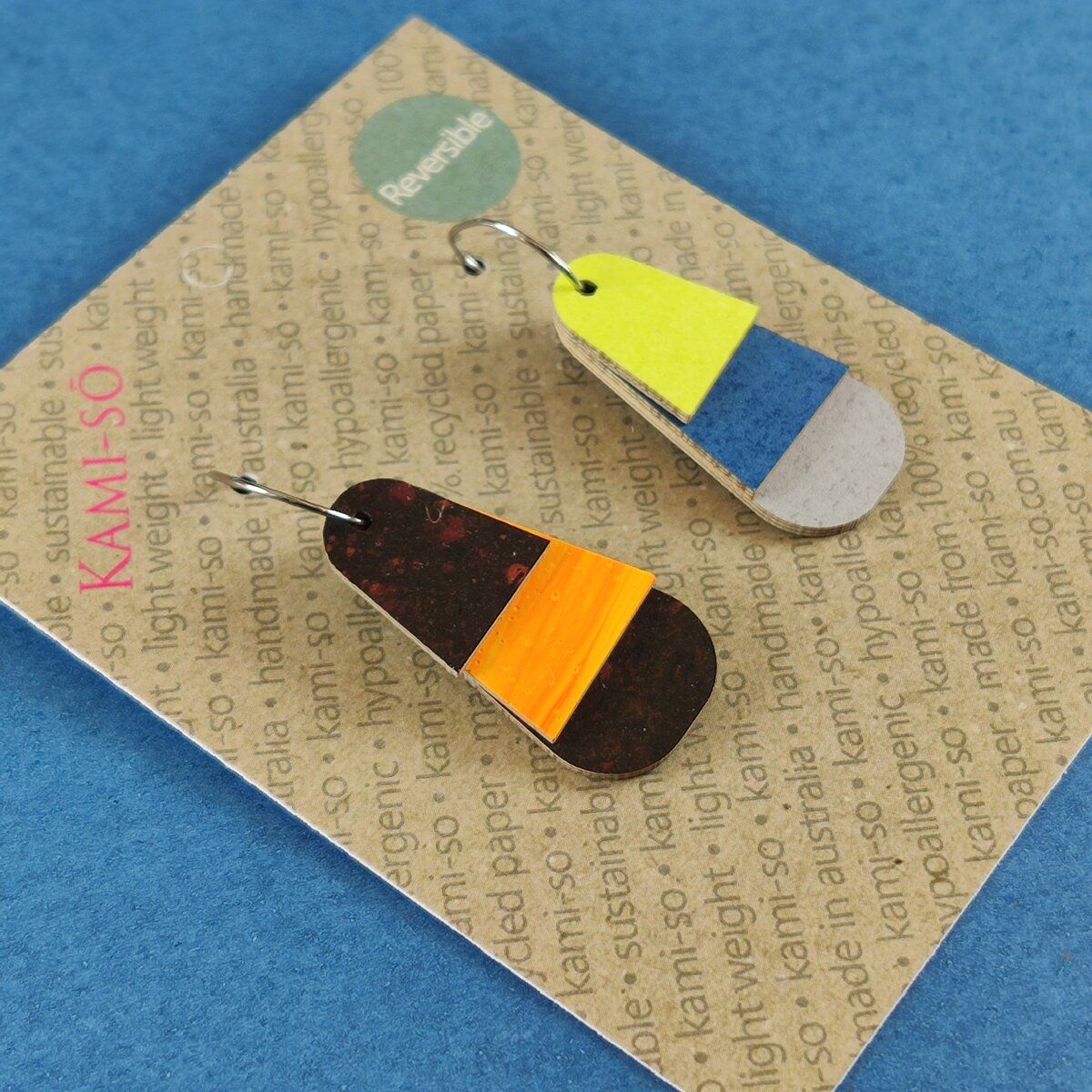 Reverse-A-Tile Fan Triangle Recycled Paper Earrings - Black & Orange / Lime, Blue & Light Grey